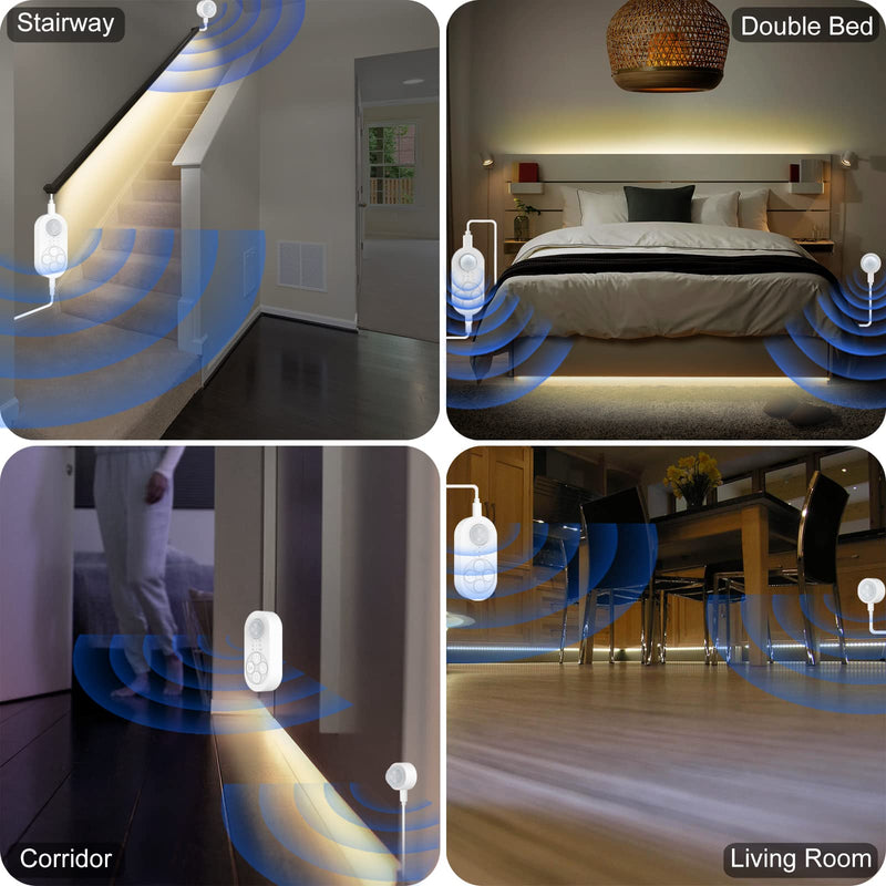 Dual Motion Sensor Light Indoor - Plug-in Motion Activated Step Stair LED Strip with Double Sensors, Dimmer and Timer for Stairway, Bedroom, Corridor (Warm White 3000K 16.4FT Light Strip) Power Adapter + 6.56FT DC Cable