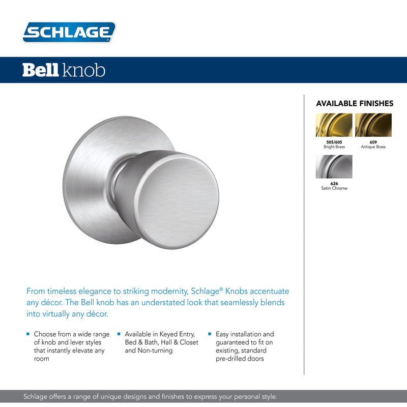 Schlage F10 V BEL 605 Bell Door Knob, Hall & Closet Passage Lock, Bright Brass Pack of 1