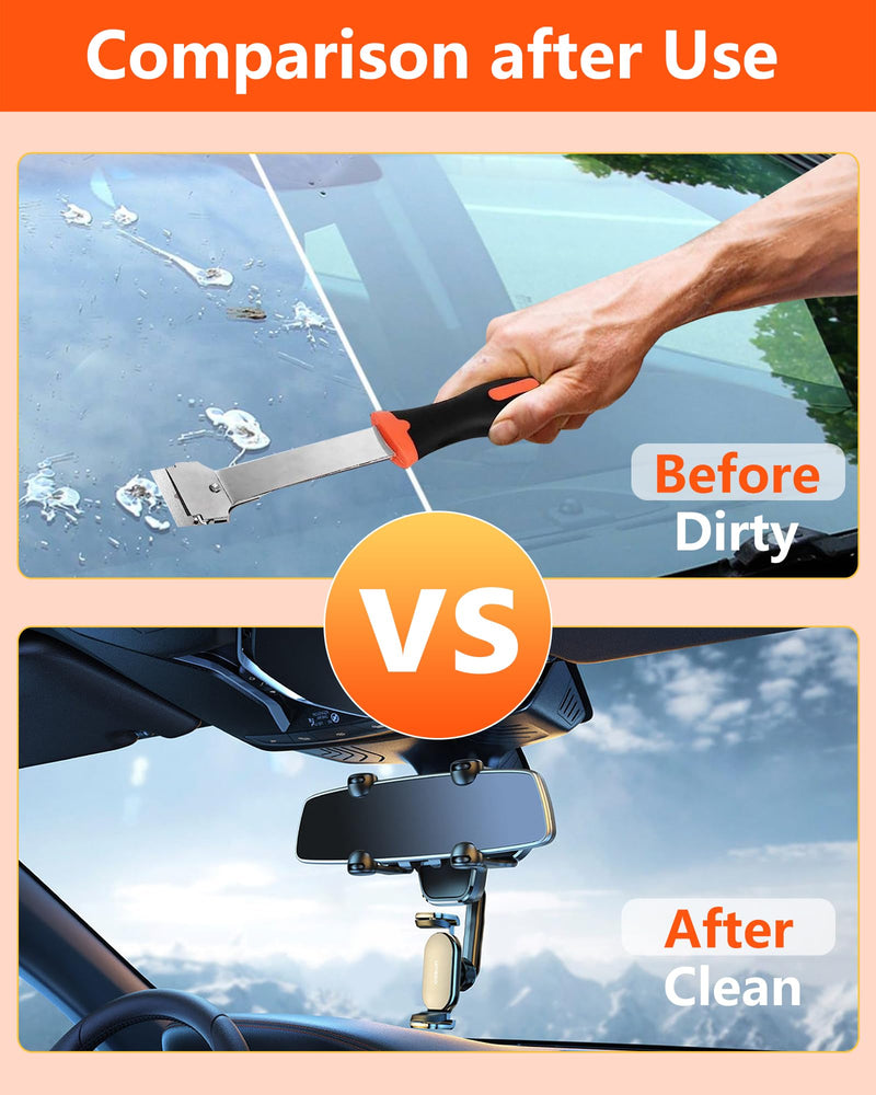 Razor Blade Scraper,Long Handle Razor Scraper Tool for Removing Label, Registration Sticker, Tint, Grease from Windshield, Appliance, Glass (Extra 10 Metal and 10 Plastic Blades) Orange