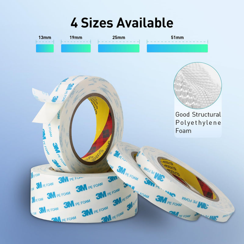 Double Sided Tape Strong Foam Tape 1/2" x 18Ft Made of 3M Heavy Duty Mounting Tape Waterproof PE Foam Adhesive Strips for Posters Alarm Sensors Window Shades and Other Home Office Deco