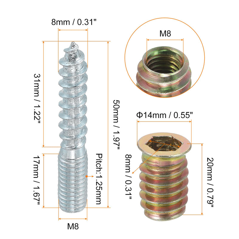 uxcell M8x50mm Hanger Bolts, 8pcs 31mm Wood Dowel Screw Self-Tapping Screw with 8pcs M8x20mm Threaded Insert Nuts Interface Hex Socket Drive, for Joint Furniture Legs 8