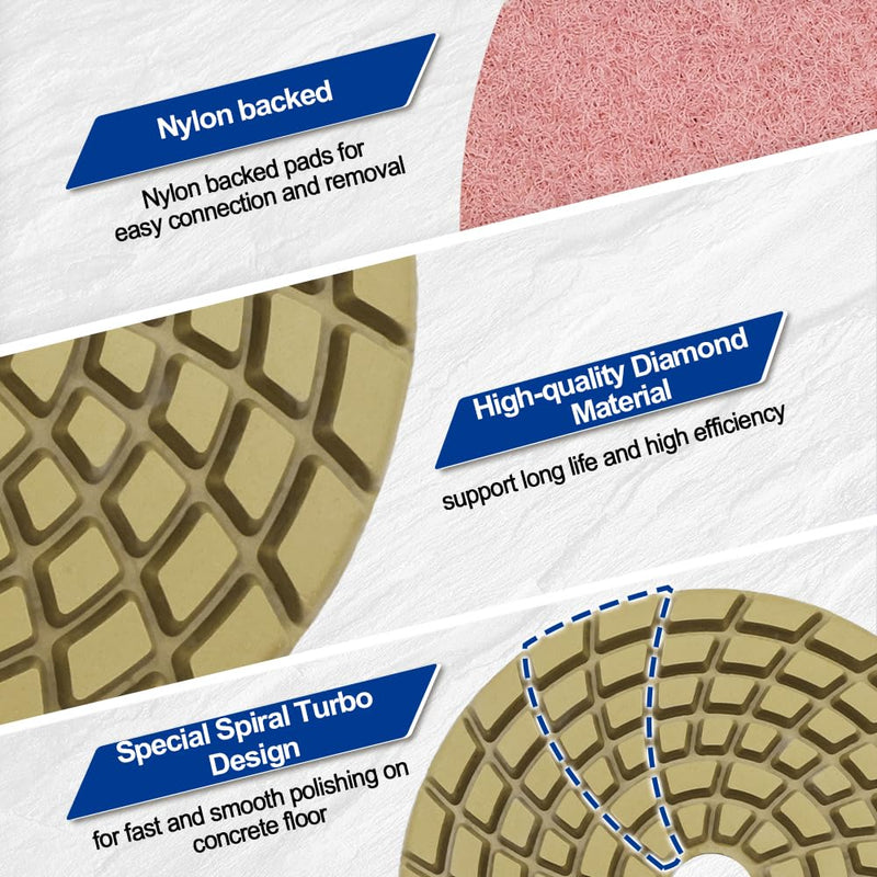 SHDIATOOL 4-Inch Diamond Polishing Pads for Concrete, 50 Grit, 12-Pack – Wet Polishing, Spiral Turbo Design for Concrete & Stone Floors, Compatible with Wet Polishers Grit 50
