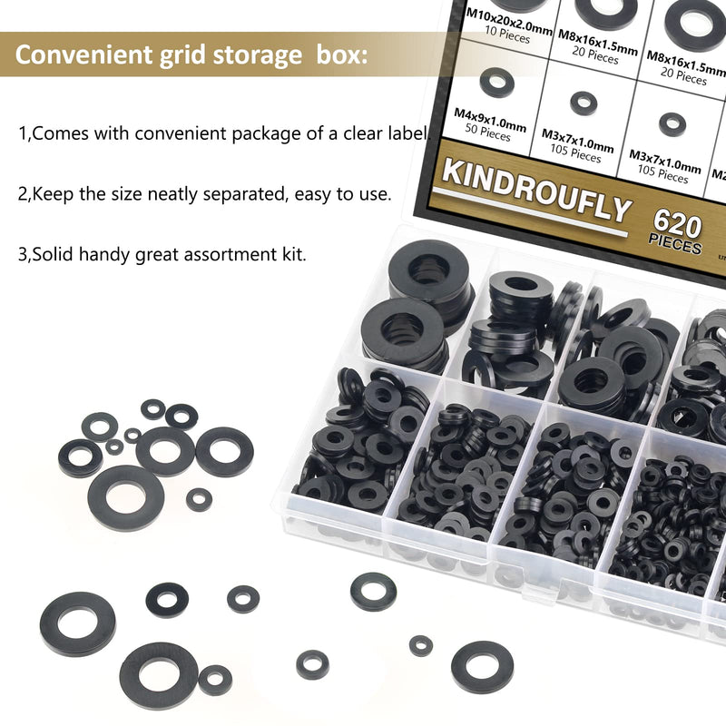 620 Pieces Nylon Flat Washers, Kindroufly 8 Sizes Plastic Washers, Black Nylon Washers Assortment Kit (M2 M2.5 M3 M4 M5 M6 M8 M10)