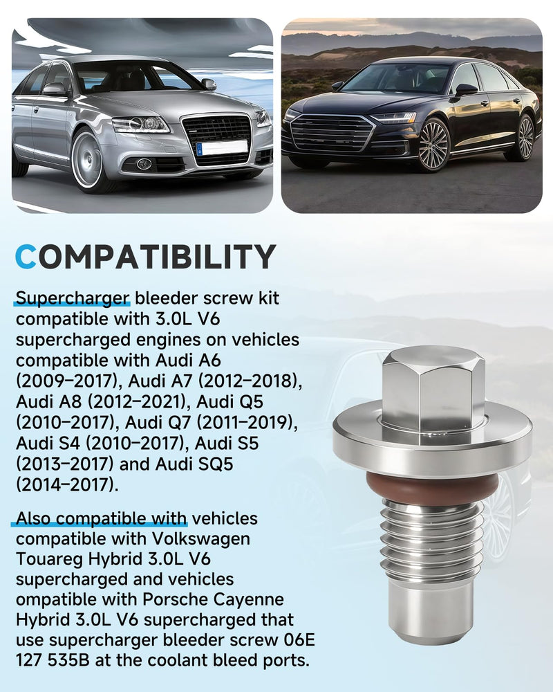 2Pack Stainless Steel Supercharger Bleeder Screw Kit,Compatible with Audi A6 A7 A8 Q5 Q7 S4 S5 SQ5 and Compatible with Volkswagen Touareg 3.0 V6,Replaces 06E 127 535B,Includes 4 FKM O-Rings