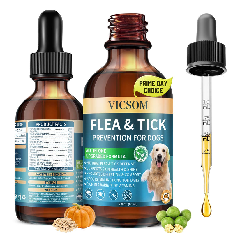 Natural Flea and Tick Prevention for Dogs, Oral Herbal Dog Flea and Tick Treatment Drops with Pumpkin Seed & Black Walnut for Dogs, Skin & Coat Care - Digestive & Immune for All Breeds and Ages, 60ml