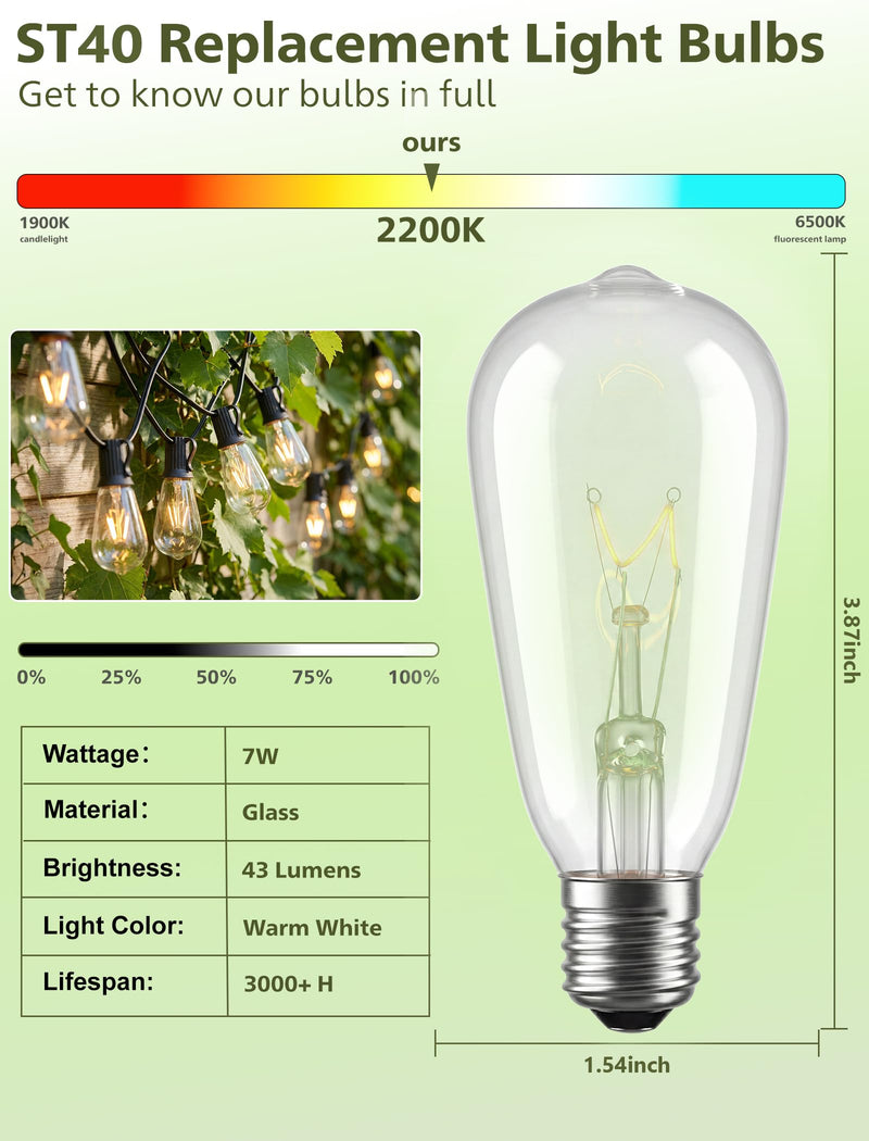 25-Pack ST40 Replacement Light Bulbs, 7W E17 Intermediate Base Edison Bulbs, Clear Glass Incandescent Waterproof Bulbs for Outdoor Patio Bistro Backyard String Lights, 2200K Warm White 25