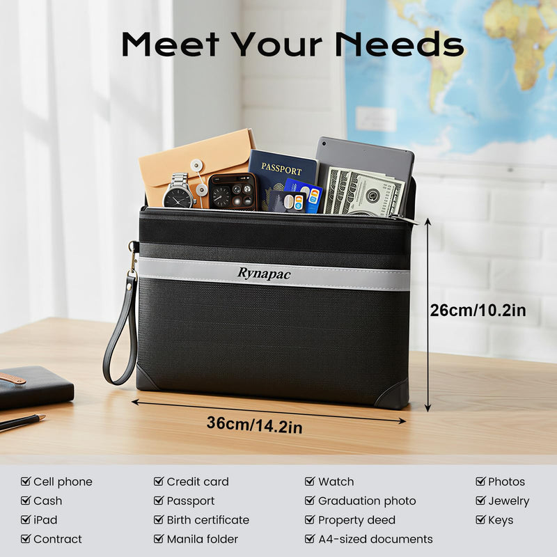 Fireproof Document Bag Upgraded 4200°F, 14.2”x 10.2”Waterproof Fireproof Money Bag for Cash with zipper, Important Document Organizer for Home, Office, and Travel, Legal Documents Safe 14.2'' x 10.2'' Black