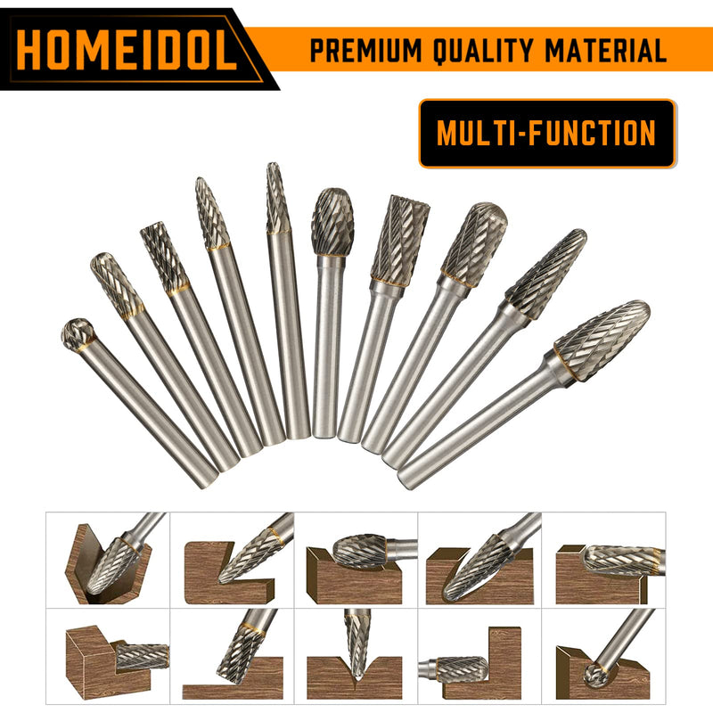 Carbide Burr Set Die Grinder Bits Rotary Tool Bits 1/4" Shank 10 PC Double Cut Wood Carving Accessories Cutting Burrs Metal Grinding Engraving Polishing Porting Trimming Shape 3