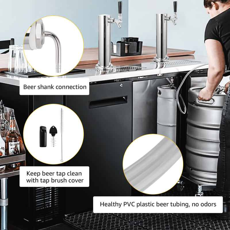 Draft Beer Line Shank Faucet Kit, Stainless Core Beer Tap Self-Closing Spring Tap Wrench No Leak 3/16'' Brewing Tubing 1/4'' Keg Coupler Barb Fitting Hose Clamp Kegerator Tower Replacement Set