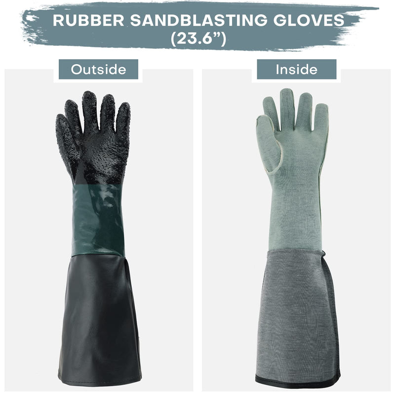 Rubber Sandblasting Gloves | 1 Pair 23.6" Blast Protection Gloves Kit with 2 Glove Holders & Metal Clamps | Suitable for for Sandblast Cabinets