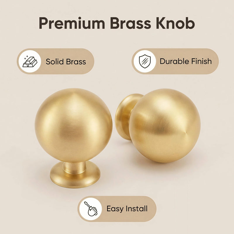 5-Pack Solid Brass Round Ball Cabinet Knobs, 1.1 Inch Brushed Gold Drawer Knobs, Modern Heavy Duty Sphere Dresser Pulls, Luxury Decorative Furniture Hardware for Kitchen Bathroom 5