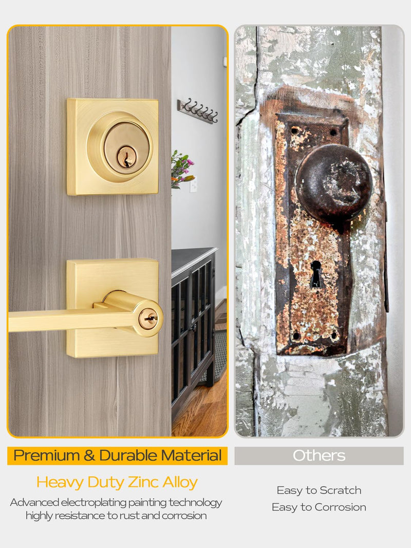 EHOMEWARE 1 Set Entry Door Handle and Single Cylinder Deadbolt Lock and Key Combo Pack - Heavy Duty Square Locking Lever Set - Interior/Exterior Door Levers in Satin Brass Finish Entry Door Lock with Single Deadbolt Cylinder