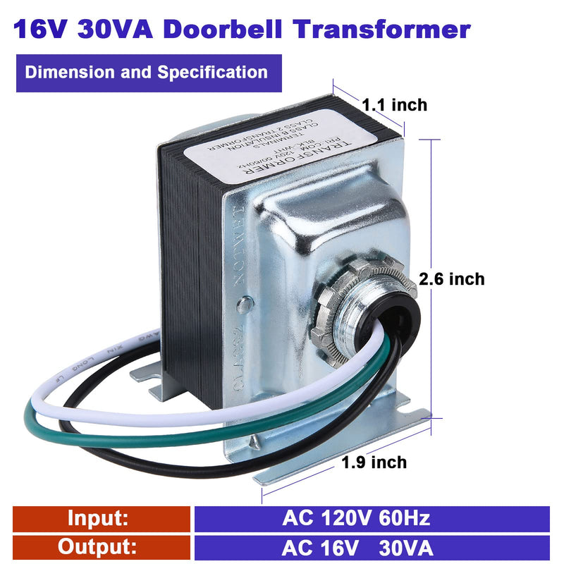 Doorbell Transformer 16V 30VA AC Power Supply Thermostat Power Adapter Hardwired Door Chime Transformer