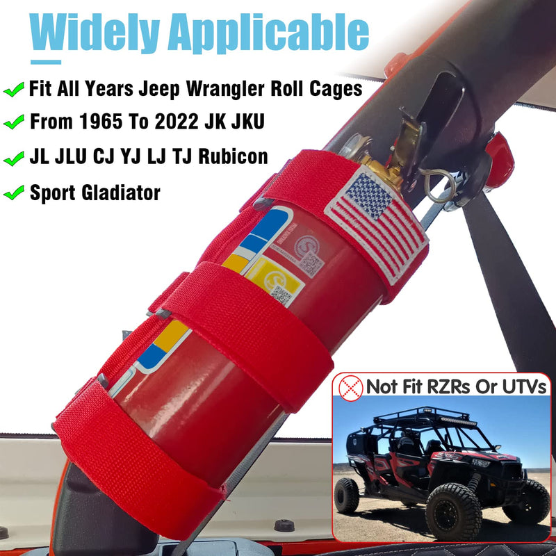 Fire Extinguisher Holder Roll Bar Adjustable Strap Brackets Fits for Jeep Wrangler Unlimited CJ YJ TJ LJ JK JKU JL JLU,Red with USA Flag Pattern Red