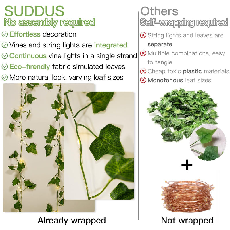 suddus Vine with Fairy Lights Battery Operated, 33ft 100 LED Ivy String Lights with Remote, Leaf Lights for Bedroom, Room, Wall, Garden, Party, Wedding Decor (Warm White) 100 LED-Copper Wire Battery-Powered IVY-33ft
