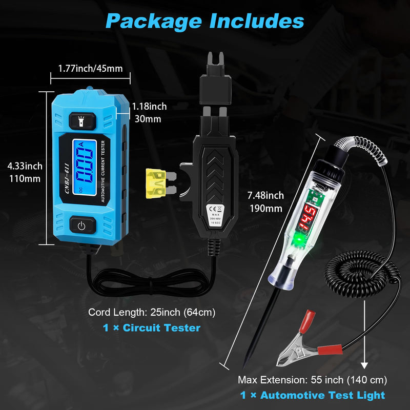 1797 Automotive Circuit Relay Tester & Digital Test Light Kit, Car Electrical 20A 48V High-Precision Blade Fuse Current Checker with LCD, 5–90V Power Probe Voltage Tester (Battery Not Included)