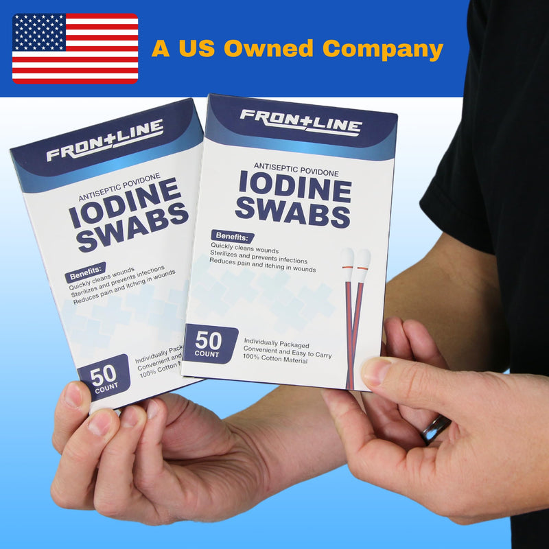FrontLine Povidone Iodine Swabs, Antiseptic Swabsticks, Iodine Solution, Cleansing Cotton Swab, Individually Wrapped Medical Supplies, Wound Care, First Aid, Wound Cleaner, Box of 50