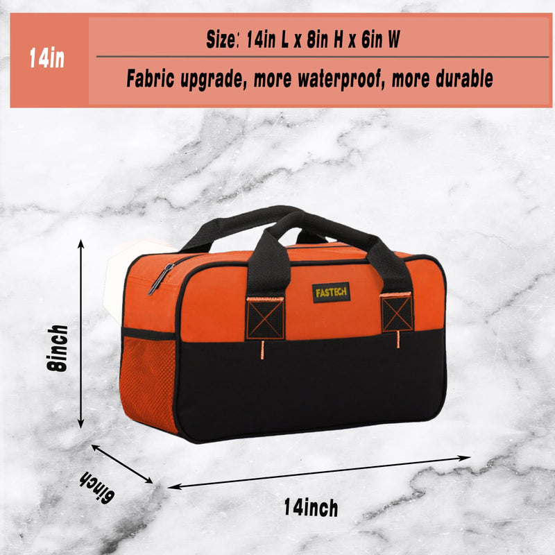 14 Inch Tool Bag, Small Wide Mouth Tool Tote Bag, Waterproof Tool Organizer Bag, Electricians Repairman Tools Tote Bag Double Fabric Storage Bag (Orange) Orange