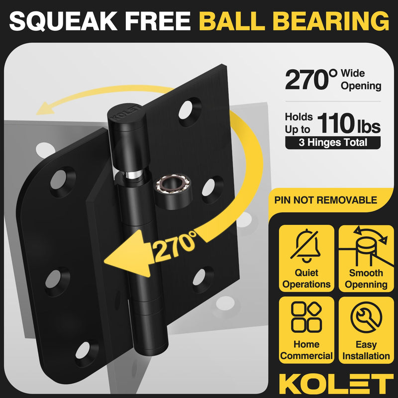 KOLET 3.5 Inch Ball Bearing Door Hinges,Square & 5/8" Radius Corner,3 Pack | Matte Black Exterior Door Hinges Heavy Duty Stainless Steel Hinges Smooth and Quiet Non Removable Pin 3 Pack