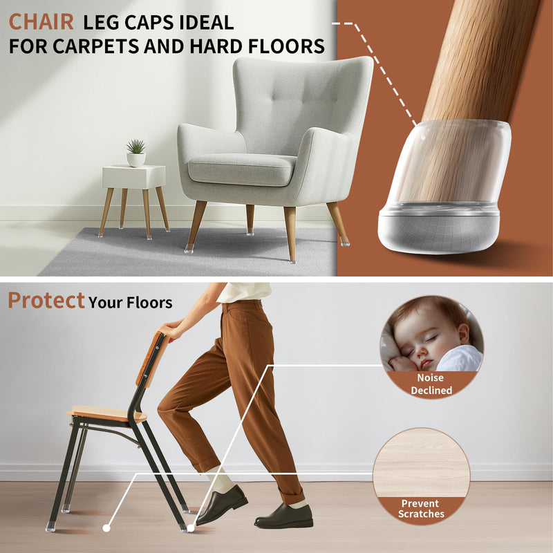 Ezprotekt 24 Pcs Chair Leg Floor Protectors, Chair Leg Caps, Silicone Protectors Covers for Hardwood Floors & Carpet, Pet Dust & Hair Proof Chair Pads - for Dining Table Chair, Clear M Fit (0.87"-1") I-21 M-Round