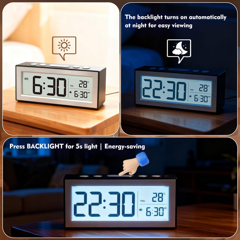 ALANAS Battery Operated Alarm Clock, Portable Digital Clock with Large Display, Snooze, Temperature & Date, Auto-Dim Night Light for Easy Reading, Ideal for Seniors, Kids, Bedroom, Travel, Nightstand Black