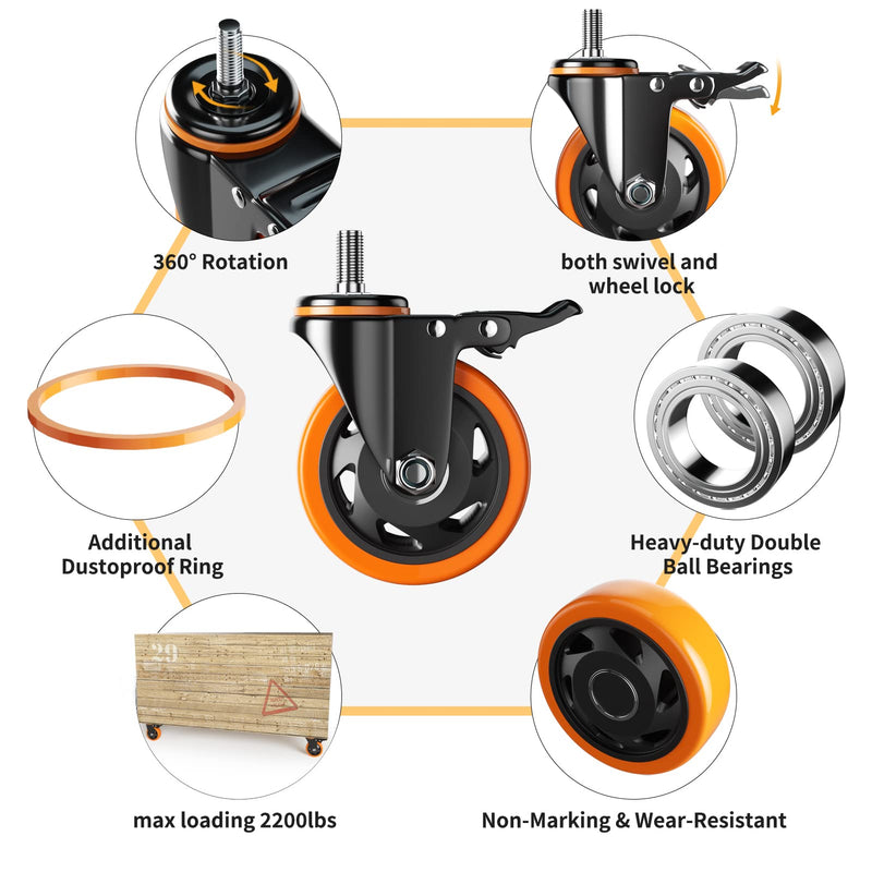 Stem Caster Wheels 4 Inch Heavy Duty Threaded Stem Casters UNC 3/8"-16 x 1 Swivel Casters Set of 4 with Safety Dual Locking Wheel for Furniture and Cart 3/8"-16x1"