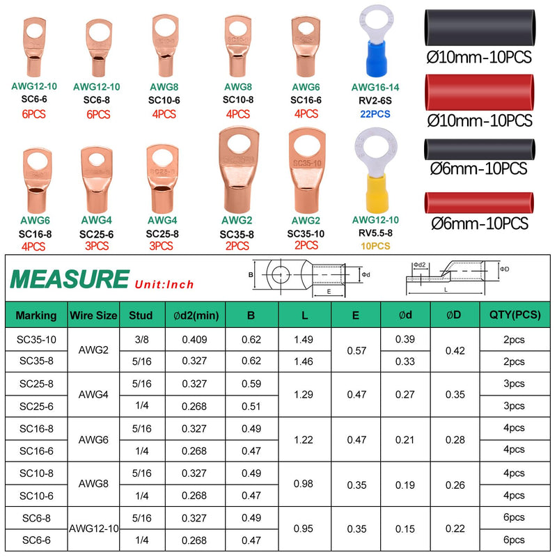 Twidec/110PCS Battery Cable Ends AWG 2 4 6 8 10 12 14 16 Gauge Copper Cable Wire Lugs,Ring Terminals Connectors,Copper Ring Terminals with Heat Shrink N-067-110PCS AWG 2-16
