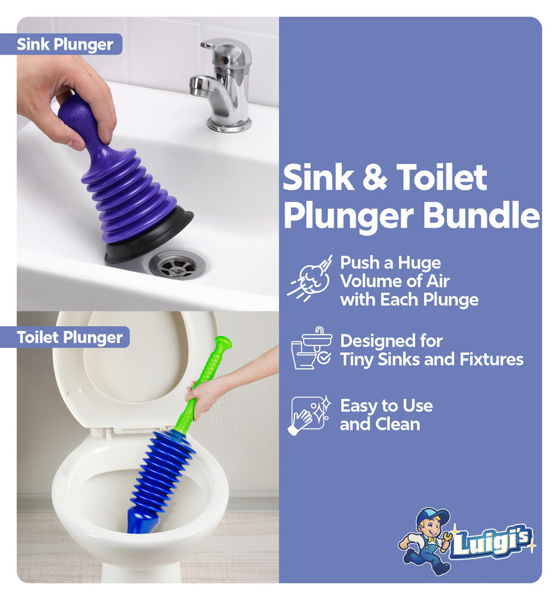 Luigi's Sink & Toilet Plunger Bundle - Heavy Duty Plungers for Bathroom & Kitchen - Toilet Plunger with Holder - Powerful & Flexible Bellows Plunger Toilets Sinks Baths & Showers Small Sink Plunger + Toilet Plunger