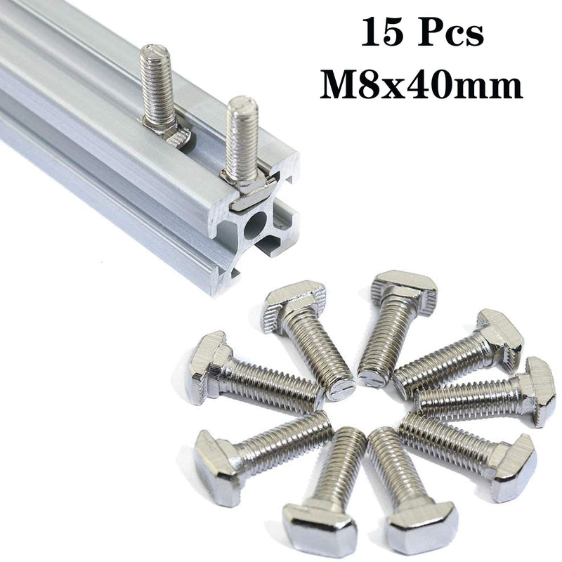15 Pcs M8 x 40mm Thread T Slot Drop-in Bolt T-Bolt Hammer Head Bolt T Screw Stud for 4545 Series Standard 10mm T-Slot Aluminum Extrusion Profile (4545 Series)