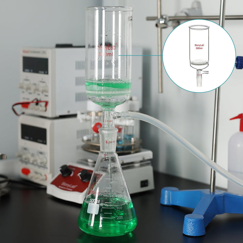 stonylab Glass Buchner Filtering Funnel, Borosilicate Glass Plate Filter Funnel with 10 mm Hose Connection and 24/40 Standard Joint for Filter Test, 500 ml 500.0 Milliliters Column 1 BB-Buchner-FilterFunnel-ALL