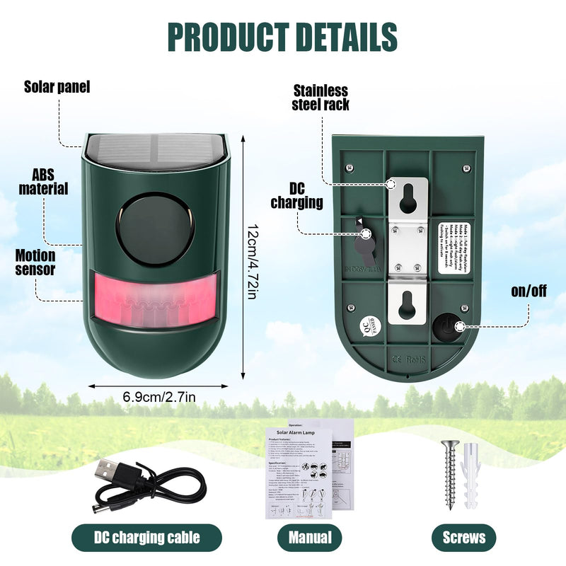 Qualirey 4 Pack Solar Sound and Light Alarm Motion Sensor 129db Outdoor Security Siren Waterproof Motion Activated Detector Alarm 6 LEDs Flash Warning Strobe System for Home, Farm (Green) Green