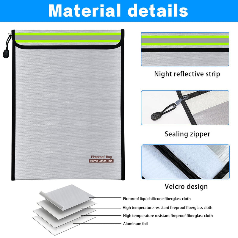 2PCS 15"x11" Fireproof Document Money Bag Home Office Travel Fireproof Safe Storage Pouch for A4 Document Cash Money Valuables Jewelry Passport Currency Keys Tablet Power Bank Lipo Battery