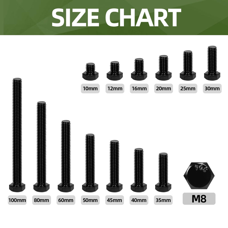 M8 x 30mm Hex Head Screw Bolt, 25 PCS Stainless Hex Bolts, Full Thread, 18-8 Stainless Steel (304), Black Coating M8 x 30mm
