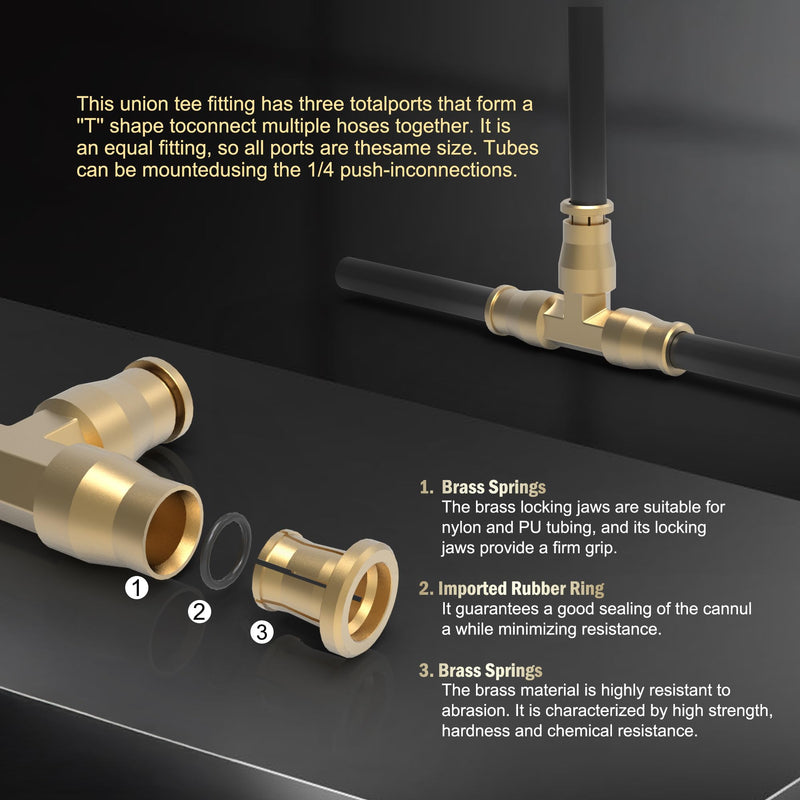 RETRUE 21838 Air Line Fittings Union Tee 1/4" T-Fitting Pneumatic Air Suspension Fittings, Brass