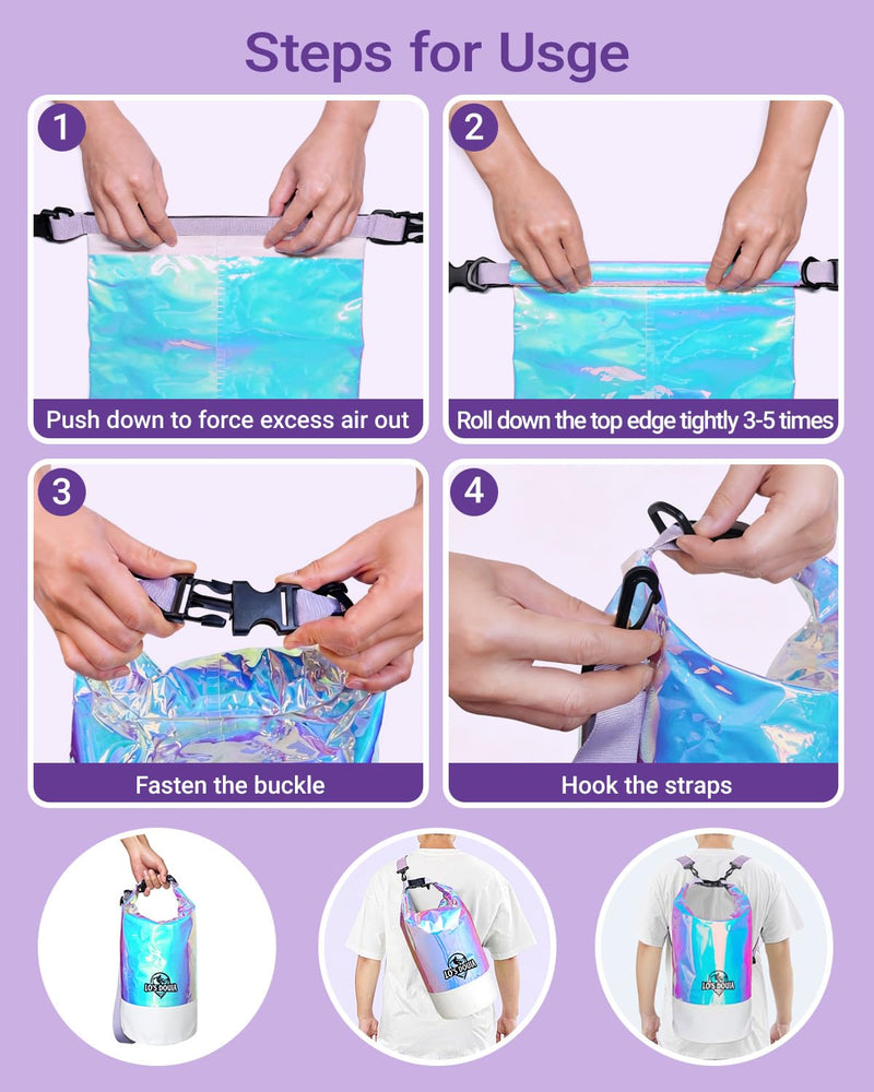 Lo's Douia Holographic Waterproof Dry Bags with Phone Case, Iridescent Design for Outdoor Adventures, Kayaking, Beach, Boating, and Camping, Keeps Gear Dry and Safe(20L) 20L