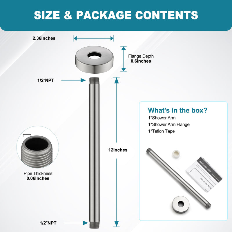 BRIGHT SHOWERS Shower Arm with Flange for Rainfall Shower Head, 12 Inch Ceiling Mount Straight Arm, Replacement Extension Pipe, Heavy-Duty Stainless Steel, Rust-Resistant, 1/2" NPT, Brushed Nickel