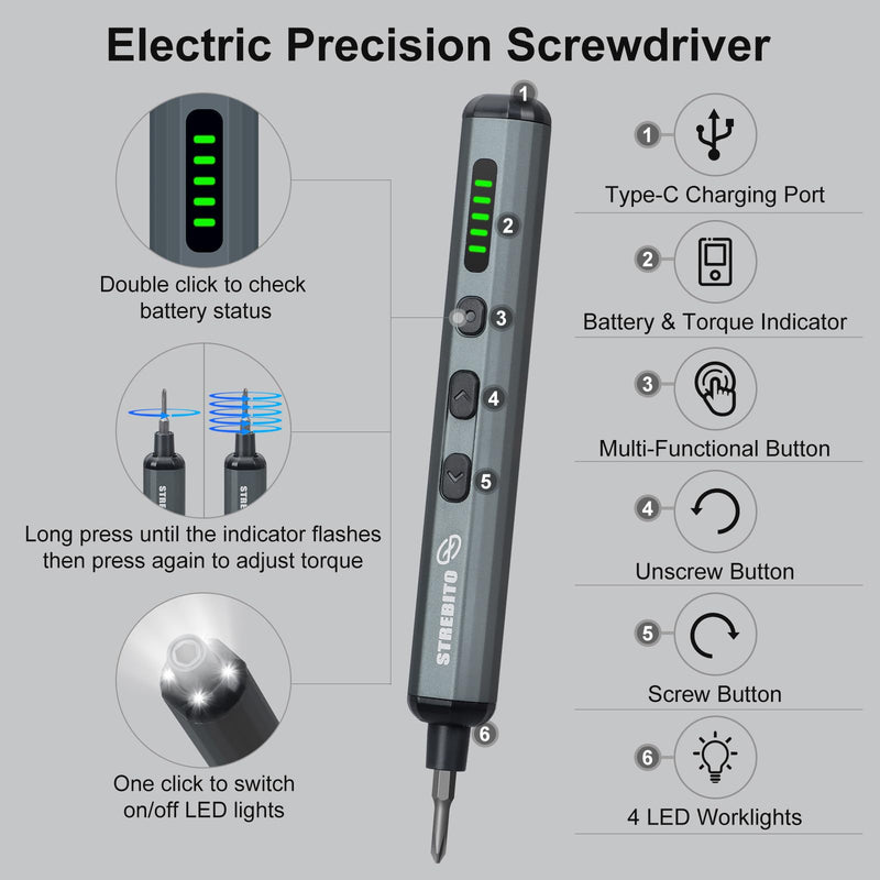 STREBITO Mini Electric Screwdriver Set, 70 in 1 Small Electric Screwdriver Cordless - 64 S2 Preicison Bits, 5 Torque Settings, 4 LED Lights, Mini Power Screwdriver Repair Tool Kit for PC RC Electronic Grey
