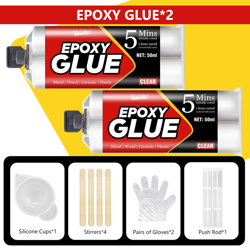 5 Minute Epoxy Glue 100ml, Multi-Purpose Clear Epoxy Adhesive for Metal, Plastic, Wood, Ceramics, Glass and More, Sturdy, Waterproof, Heat-Resistant, Fast Curing Liquid Epoxy Resin Kit