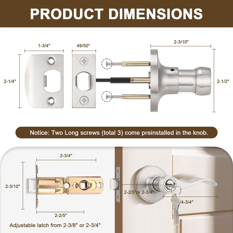 KNOBWELL 2 Pack Front Door Handles with Lock and Key Wave Style Keyed Entry handleset Entrance Door Knob Lockset(Different Keys) Brushed Nickel