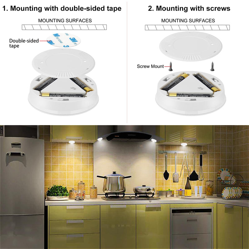 LUXSWAY LED Puck Lights Tap Lights, Battery Operated Mini Push Lights, LED Under Cabinet Lighting, Stick on Lights, Kitchen Closet Counter Night Lights (Included 18 AAA Batteries, 6-Pack, White) WH-6 Pack-Batteries Included