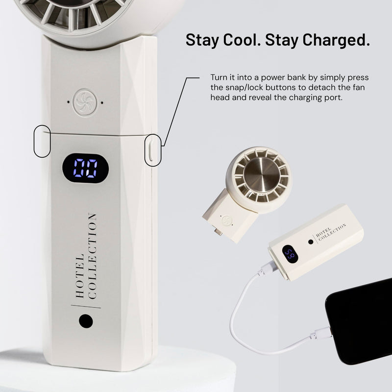 Hotel Collection - Breeze-Pro Handheld Mini Personal Fan, 2-in-1 USB Rechargeable Pocket Device with Power Bank, Portable for Travel, Summer, Concerts, Lash, Make - Up (White) White