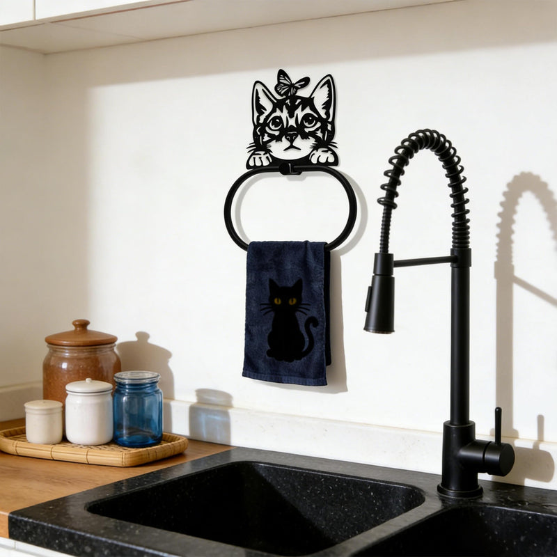 Black Metal Peeping Cat & Butterfly Wall Mounted Towel Ring, Funny Design Decor Accessories, Artistic Animal Towel Holder Decorative Gift for Cat Lovers, Home Kitchen Restroom Laundry Room
