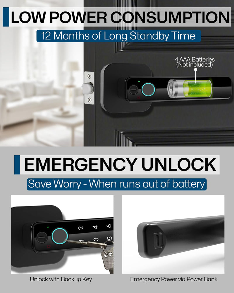 5-in-1 Smart Fingerprint Door Lock,Keyless Entry Digital Knob, Bluetooth App Control, Card and Key, Biometric Door Knob with Handle, Easy to Install for Exterior, Interior, Bedroom Doors