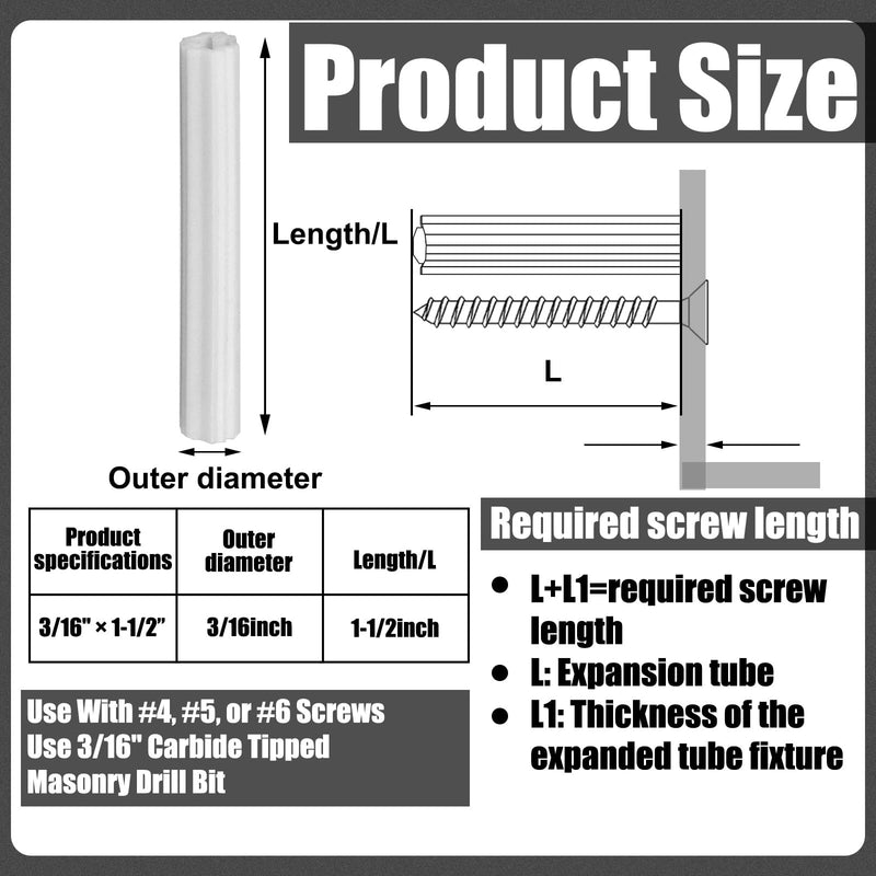 200 Pcs Expanding Plastic Screw Anchors 3/16" Hole White Plastic Anchors for Concrete Masonry Tile Cement Bolt Expansion Tube for #4,5,6 Screws, Fix to Wall Drywall or Other (1-1/2") 1-1/2"