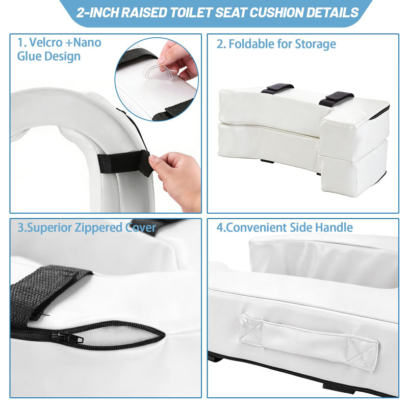 2 Inch Toilet Seat Riser Elevated for Seniors & Handicap, High Density Foam Padded Raised Toilet Seat Cushion, Fits Standard Elongated Toilets, Soft PU Leather, White