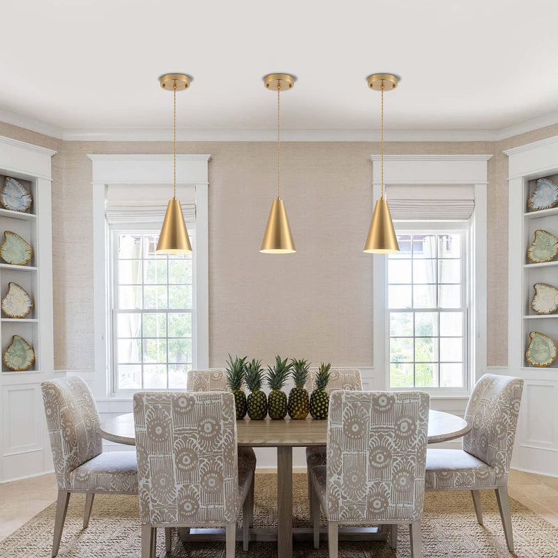 Gold Pendant Lights Kitchen Island,Dining Room Light Fixtures Over Table 3 Pack with Brushed Brass Cone Metal Shade, Modern Farmhouse Mini Chandeliers,Adjustable Cord Hanging Lighting for Bar,Sink 3Pack Gold