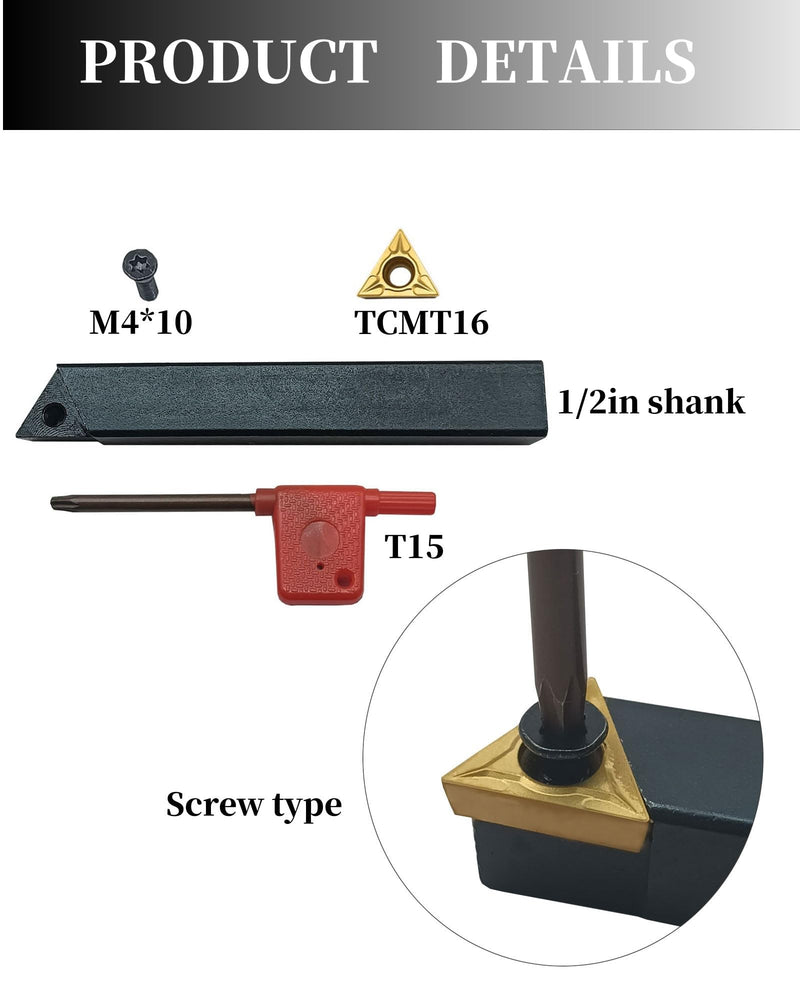 5pcs 1/2inch Shank Turning Tooling Bit Holder Set | 5 piece set with TCMT16T304 carbide inserts suitable for steel stainless iron and cast iron TCMT16T304+1/2" Holder