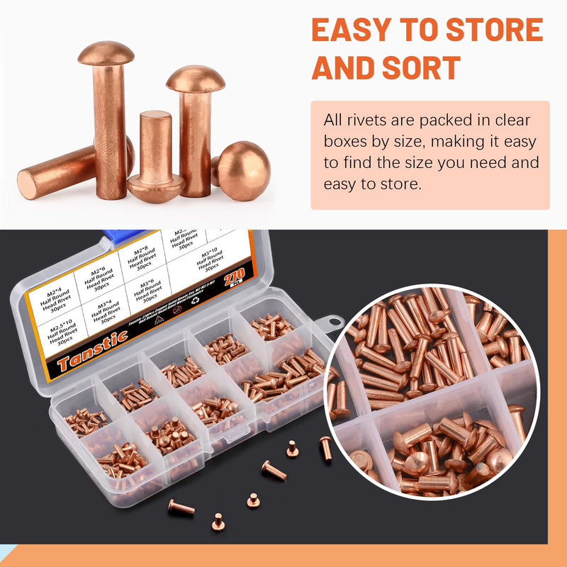 Tanstic 270Pcs Round Head Copper Solid Rivets, M2x4/6/8, M2.5x5/8/10, M3x4/6/10 Solid Copper Rivets Fasteners for Electrical Applications Copper Finish Copper Tone