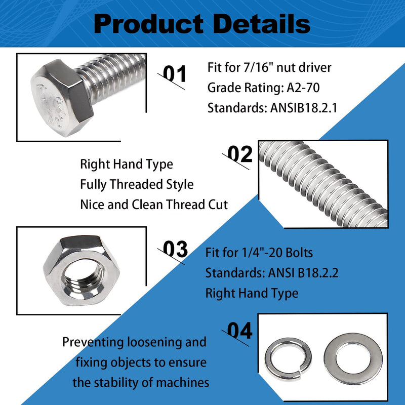 1/4-20 Hex Bolts Set, 1/4"-20 Thread 6 Sizes 3" 2" 1-3/4" 1" 5/8" 1/2" Long 180Pcs 1/4-20 Hex Bolts, Hex Nuts, Flat Washers, Spring Washers SAE 304 Stainless Steel 1/4-20 nuts and bolts set