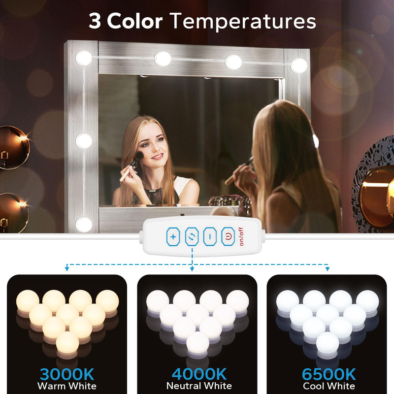 LED Vanity Lights for Mirror, Vanity Lights Stick on with 10 Dimmable Bulbs, 3000K 4000K 6500K & 10 Level Brightness Adjustable, USB Cable, Hollywood Mirror Lights for Makeup Dressing Room Bathroom 10 Dimmable Bulbs(White)
